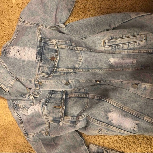 Oversized distressed ripped Front Flap Pocket Drop Shoulder Denim jean Jacket - Picture 8 of 8